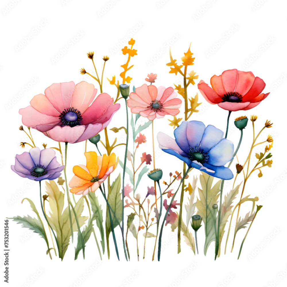 Wild Flowers Watercolor Illustration PNG, Transparent Background Wild Flowers Watercolor Illustration PNG, Transparent Background