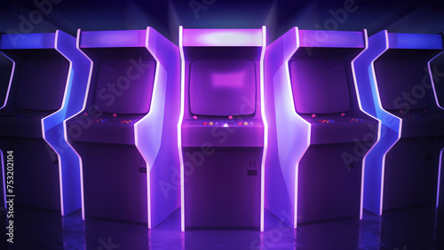 Arcade game machines in a row. 3D illustration background with a neon, retro gaming aesthetic