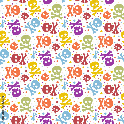 Small bright colorful multi-colored skulls and crossbones isolated on a white background. Cute seamless pattern. Vector simple flat graphic illustration. Texture.