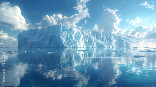 Large Iceberg in Ocean Melting with Blue Skies Above. Global Warming and Climate Change Concepts.