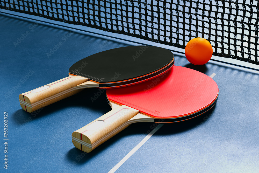 Close-Up of Table Tennis Rackets or Paddles with Orange Ball on Blue Table