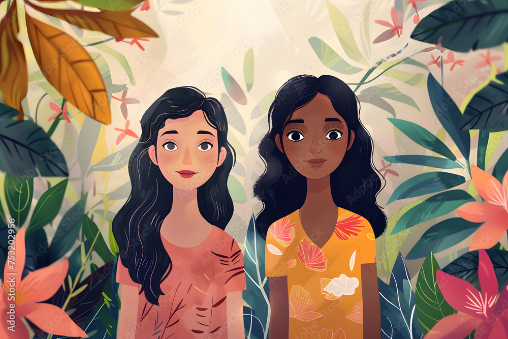 Two Girls Amidst Tropical Flora Illustration