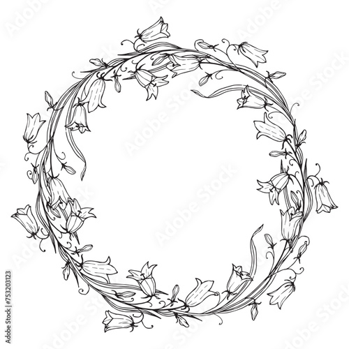 Wreath with bluebell Flower vector illustration. Hand painting illustration of circular Frame for greeting cards or wedding invitations. Circlet with bellflower. Botanical template for postcards.