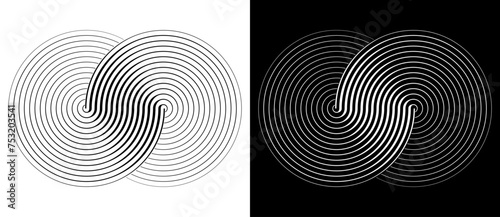 Two circles in a spiral or infinity symbol. Art lines illustration as logo or tattoo, icon. Black shape on a white background and the same white shape on the black side. photo