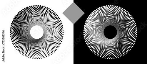 Abstract background with rhombuses in circle. Art design spiral as logo or icon. A black figure on a white background and an equally white figure on the black side.