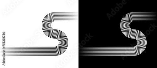 Abstract background with lines like letter S. Black lines on a white background and white lines on the black side.