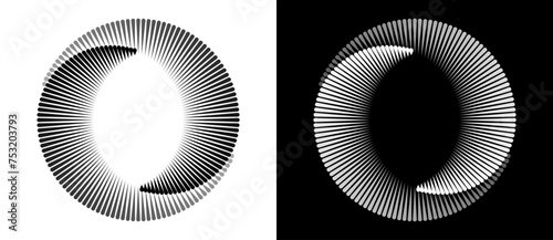 Abstract background with lines in circle. Art design spiral as logo or icon. A black figure on a white background and an equally white figure on the black side.