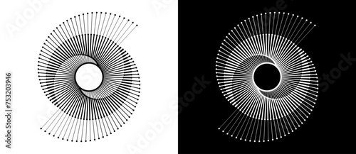 Abstract background with lines in circle. Art design spiral as logo or icon. A black figure on a white background and an equally white figure on the black side.