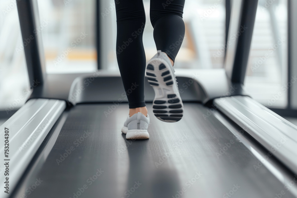 Close up of female legs running on a treadmill in a fitness center - obrazy, fototapety, plakaty 