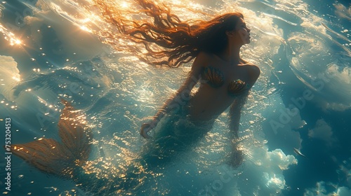  mermaid swimming underwater with a magnificent tail illuminated by light rays. Concept: magic and mystery of the ocean depths, mythical creatures of the depths 