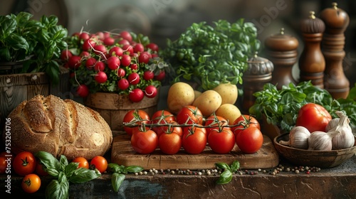 Essentials of healthy eating  fresh bread  tomatoes  potatoes  and greens