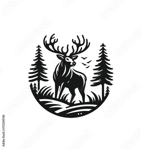 Stag in nature. Forest landscape. Monochrome isolated vector illustration