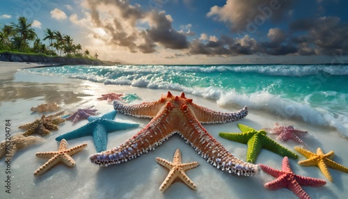 various colors of purple, yellow, white, orange, red blue and light yellow starfish