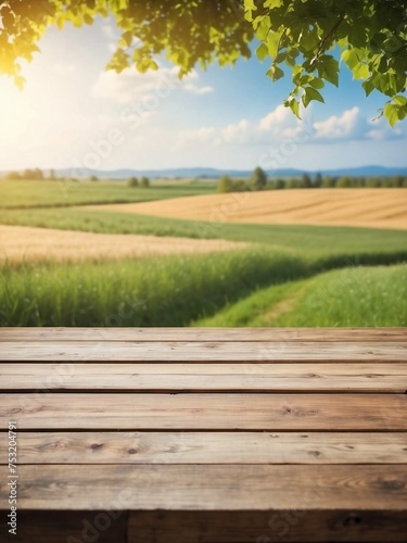 Empty Wooden Table Background Blurred Picturesque Field Wooden Table © varol