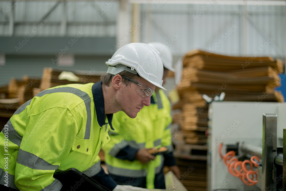 Selective focus of An employee is checking the operation of machinery in a factory. They are cutting cardboard with machines. Selective focus of An employee is checking the operation of machinery in a factory. They are cutting cardboard with machines.