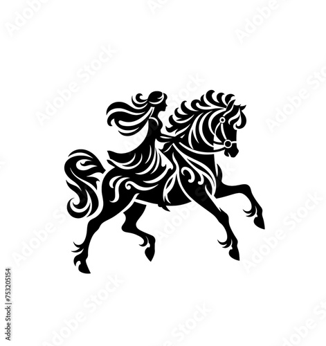 Girl riding horse. monochrome isolated vector illustration