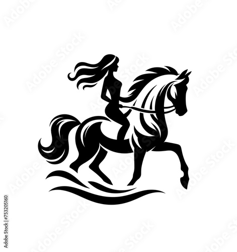 Girl riding horse. monochrome isolated vector illustration