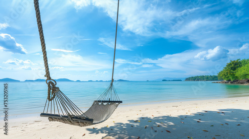 Summer landscape with beach swing or hammock and white sand