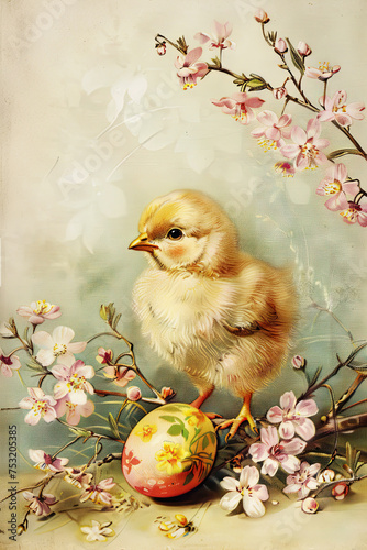 Happy Easter card in light pastel style, vintage illustration with eggs, chicken and flowers © Roxana