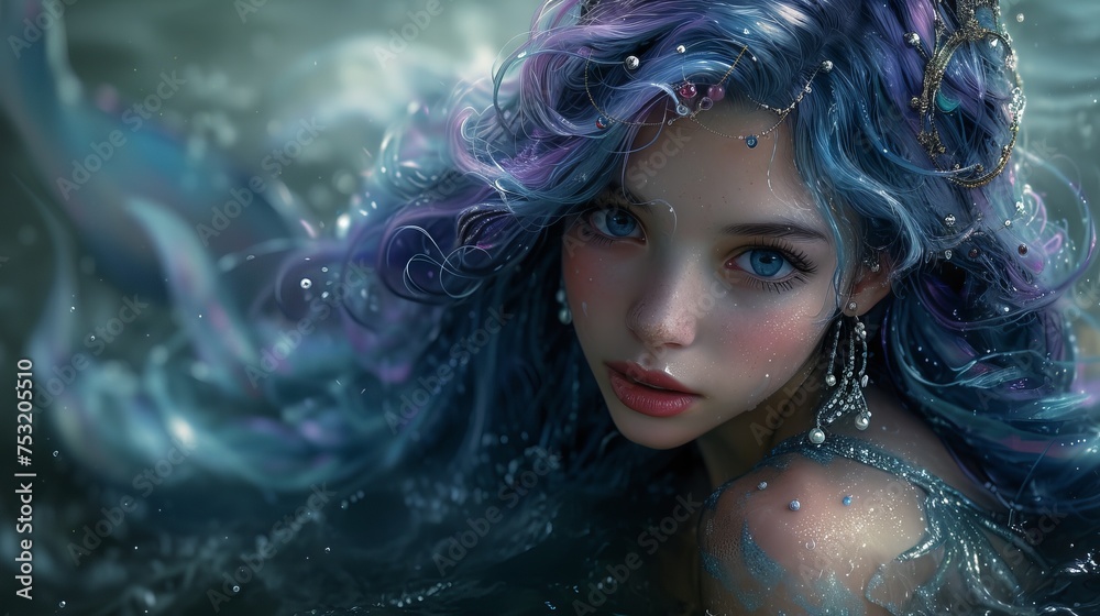 Mermaid girl with purple hair near the water. Concept: magic and mystery of the ocean depths, mythical creatures of the depths Mermaid girl with purple hair near the water. Concept: magic and mystery of the ocean depths, mythical creatures of the depths