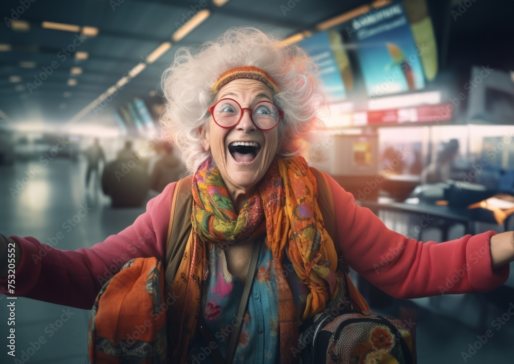 Happy Elderly Woman at Airport, Excited for Adventurous Journey.Generated image