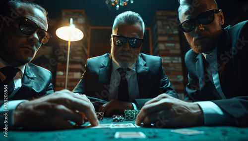 Businessman plays poker in a casino. Card gambling.