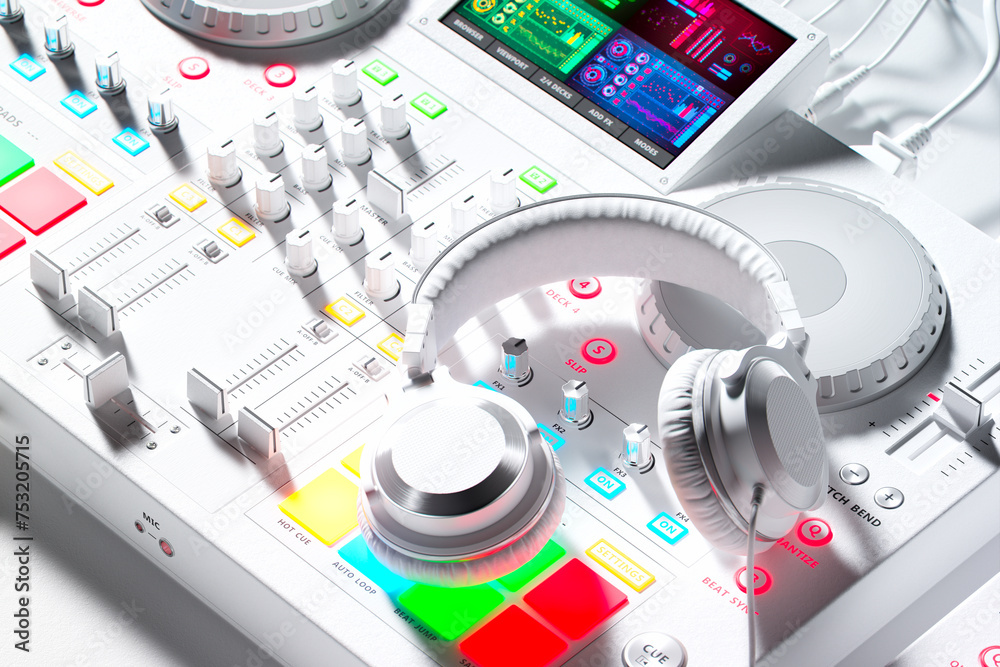 A white DJ set with headphones is displayed in a sterile and moody studio A white DJ set with headphones is displayed in a sterile and moody studio