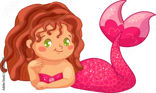 Cute black mermaid with dark wavy hair and pink fishtail. Vector illustration in childish style for baby shower, goods, clothes