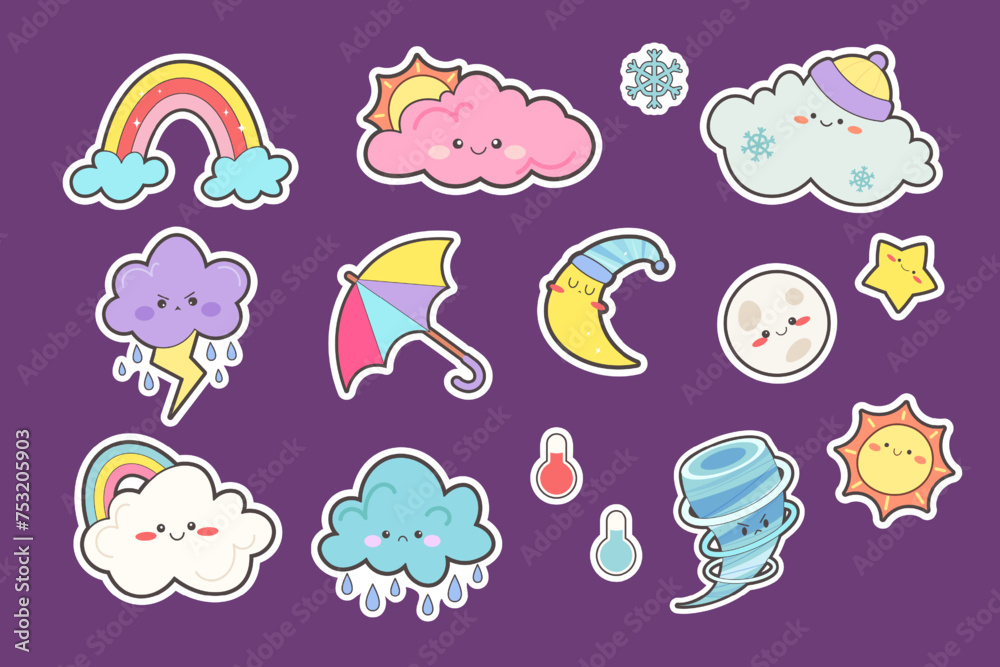 Set of cute kawaii stickers with weather. Sun, cloud, rain, lightning, wind, snow. Cute faces for children. Vector icons Set of cute kawaii stickers with weather. Sun, cloud, rain, lightning, wind, snow. Cute faces for children. Vector icons