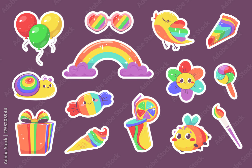 Set of cute rainbow stickers for kids. Rainbow, rainbow bee, sweets, flowers, gift, tassel, balloons. Vector illustration in flat style