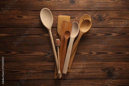 Set of wooden spoons on the table. Kitchen utensils