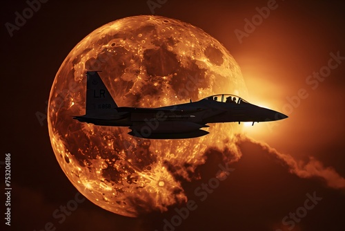 A fighter jet is flying in front of a full moon