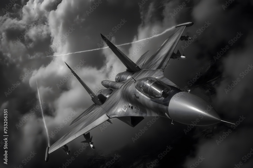 A fighter jet is shown mid-flight in a black and white photo. The jet ...