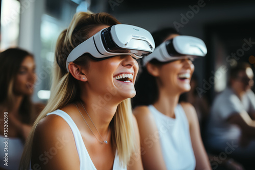 Young pretty woman with white shirt wearing white VR head set virtual reality glasses for the Metavese concept digital space and connection. © Mujahid