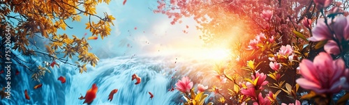 Spring Waterfall in Blooming Nature Banner