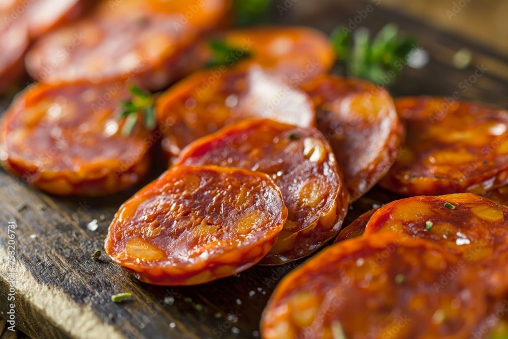 Slices of chorizo neatly arranged on a wooden cutting board against a dark wood background Slices of chorizo neatly arranged on a wooden cutting board against a dark wood background