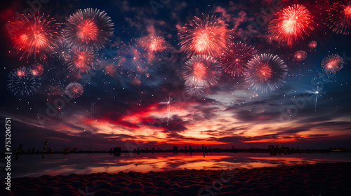 A patriotic and celebrated Independence Day fireworks display with a night sky ablaze, Generative AI