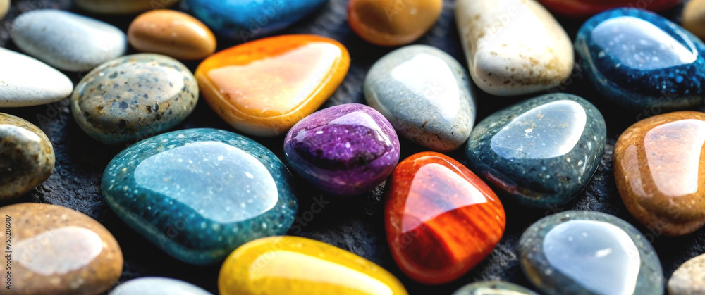 Background and texture of colored pebbles lying on the surface. Side view. Background and texture of colored pebbles lying on the surface. Side view.
