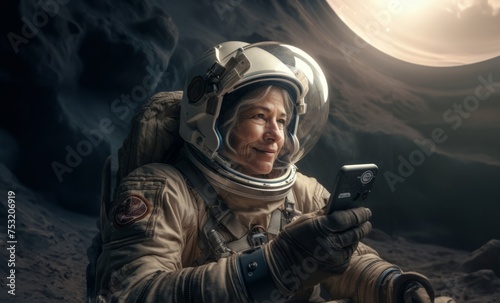 Astronaut Grandmother Uses Phone on the Moon.Generated image