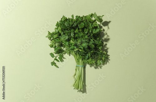 Bunch of parsley on a green background. Minimal food still life