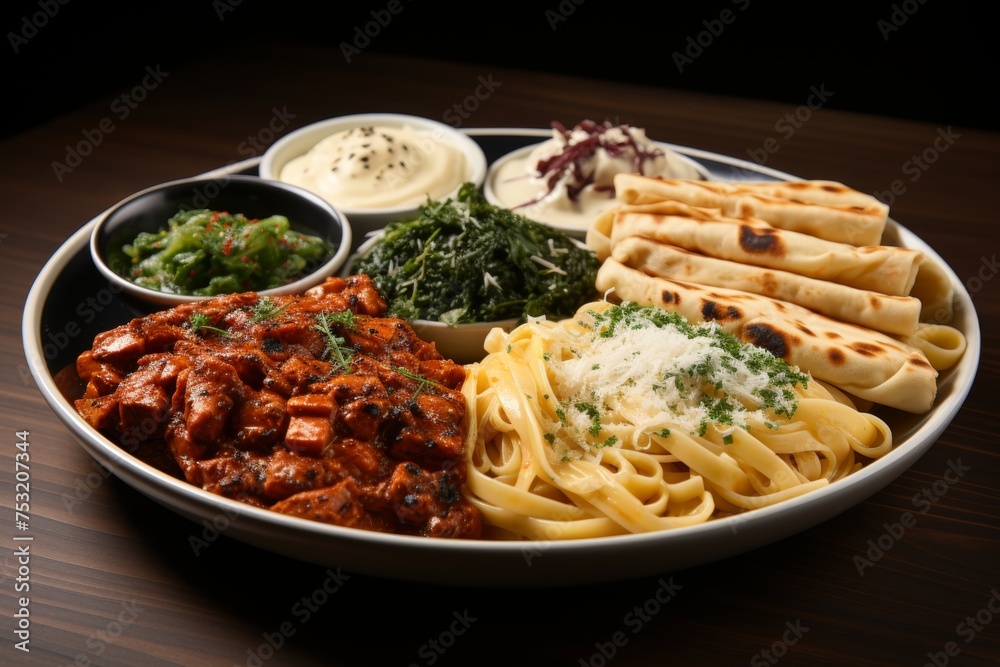 Assorted spaghetti dishes with various sauces and toppings plated professionally Assorted spaghetti dishes with various sauces and toppings plated professionally