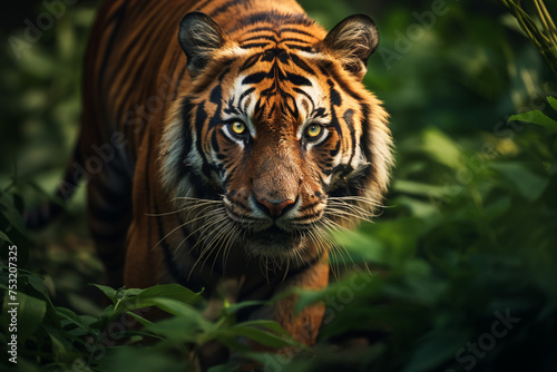 Close-up of a Sumatran tiger in a jungle © Mujahid
