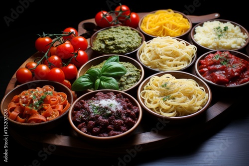 Professional presentation of spaghetti dishes with diverse sauces and toppings for sale
