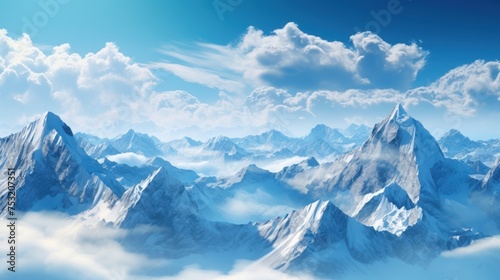 Photo of steep snow-covered cliffs under a blue sky, clouds shrouded the mountains