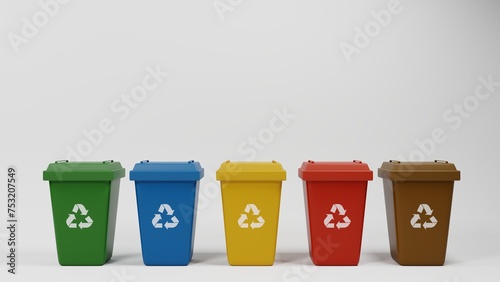 Colored waste bins with recycling symbol.