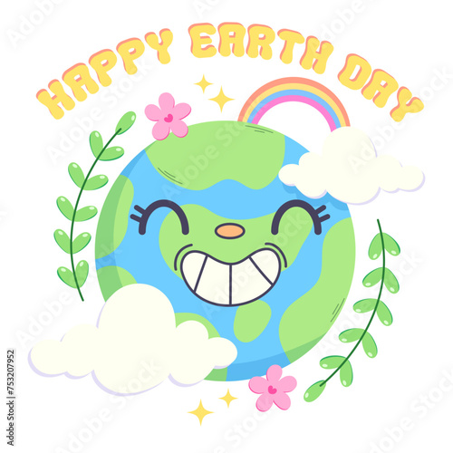 Color vector illustration with happy earth image and lettering in groove style. Rainbow, clouds, plants, glitter, flowers
