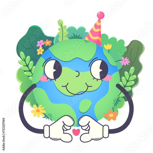 Colored vector illustration of the earth in groove style. With hands showing a heart. Trees, bushes, flowers