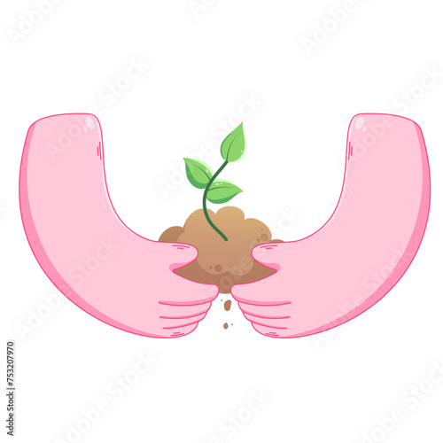Color illustration in vector with hands holding a sprout with the ground. Plant icon with hands