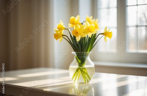 bouquet of yellow daffodils in a glass vase, interior, care, beauty, postcard, flowers, attention, gift, decoration