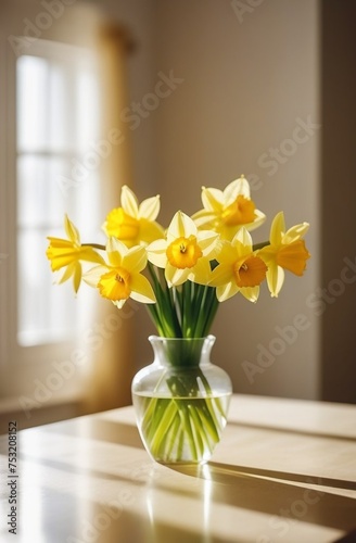 bouquet of yellow daffodils in a glass vase, interior, care, beauty, postcard, flowers, attention, gift, decoration